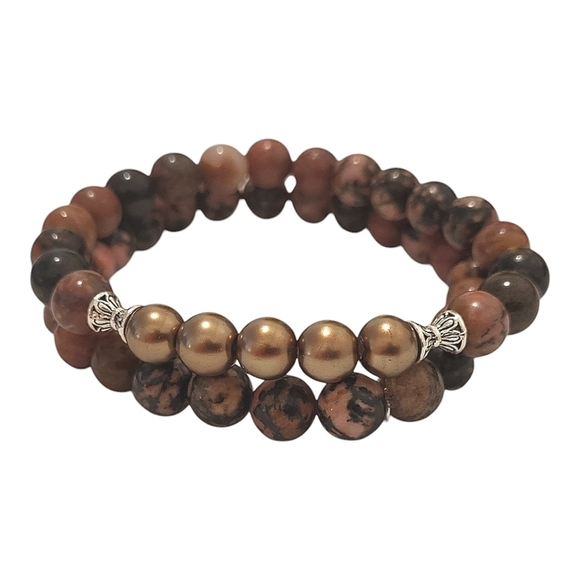 Handcrafted Natural Black Lace Rhodonite One of a Kind Bracelet Set - Picture 2 of 3